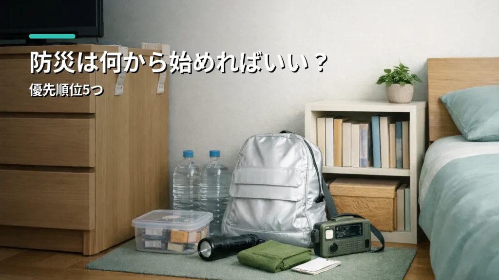 家具固定をした室内に、防災バッグや飲料水、ライト、ラジオを備えた防災準備の様子